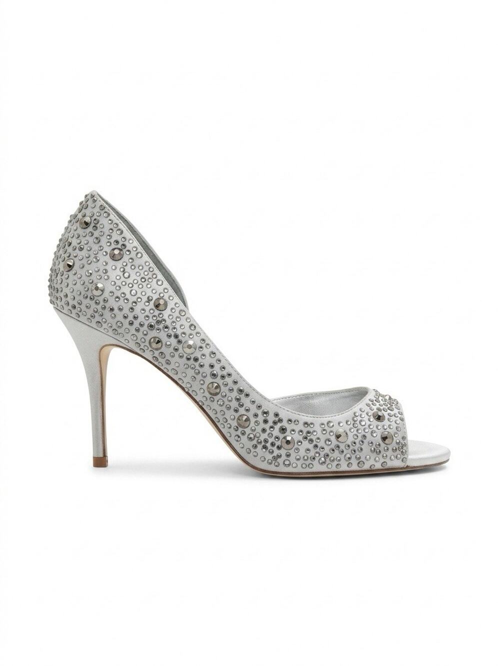 ALDO Silver Rhinestone Heels Peep Toe Pumps Studded Crystal Wedding Shoes 10